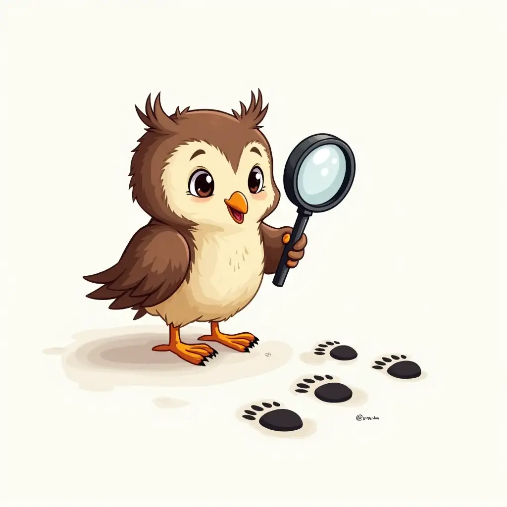 A drawing of a cute cartoon owl holding a magnifying glass. It is looking at black footprints.