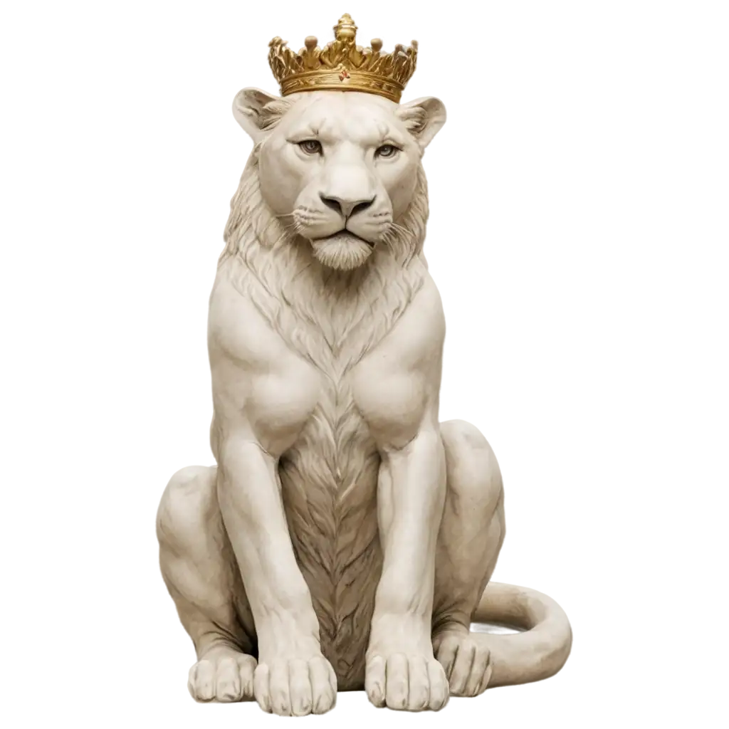 Sitting-Lioness-Marble-Statue-with-Golden-Crown-PNG-Image-Majestic-Artistic-Representation