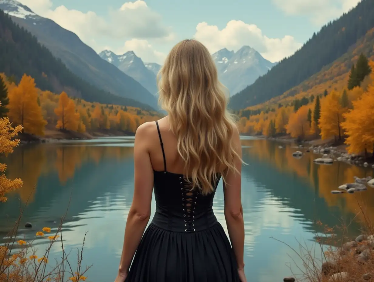 Woman-in-Corset-and-Skirt-by-Serene-River-with-Autumn-Foliage-and-Mountains