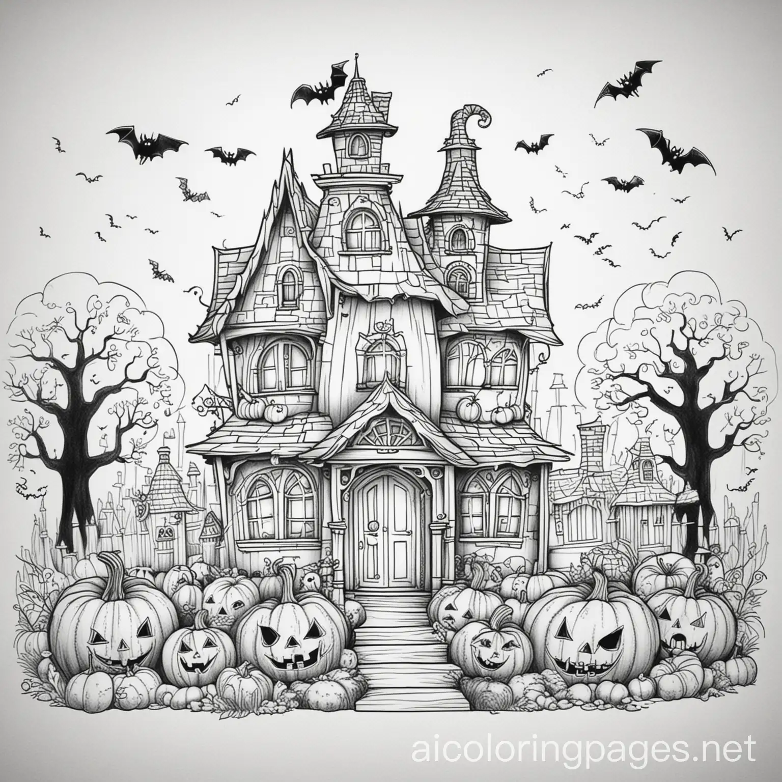 Halloween-Haunted-House-with-Pumpkins-and-Cat-Coloring-Page