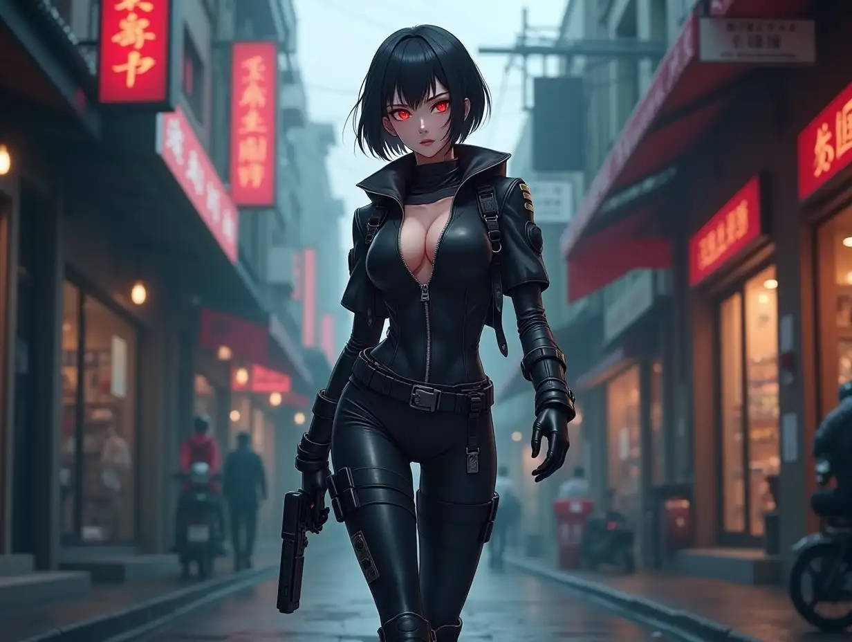 Short hair, mature Asian woman thief cyber runner in a dynamic full-length pose, eyes with red electronic pupils, large breast, extreme skintight body glove zipped down with cleavage, combat boots and combat belt. Full view of her body from boots up, low wide angle. Future store filled city alley street. Anime