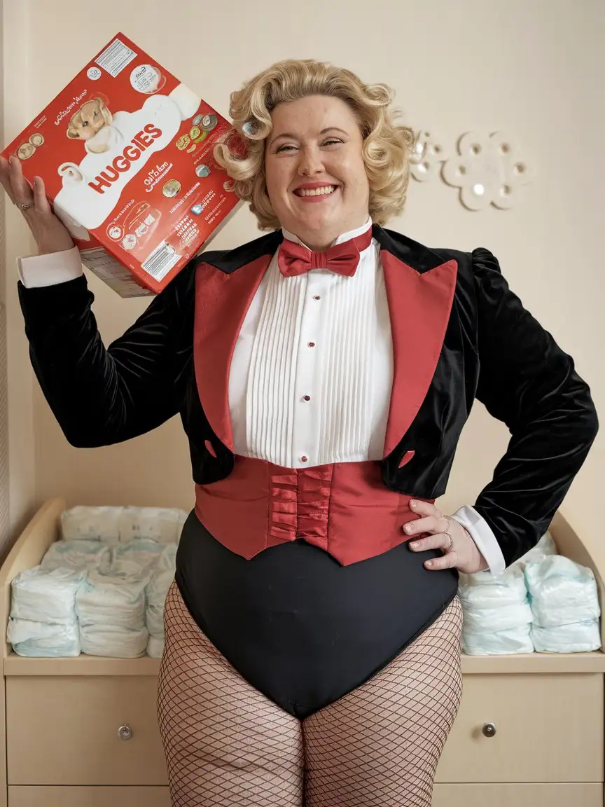 Smiling-MiddleAged-Woman-in-Formal-Tuxedo-Holding-Huggies-Box-in-Nursery