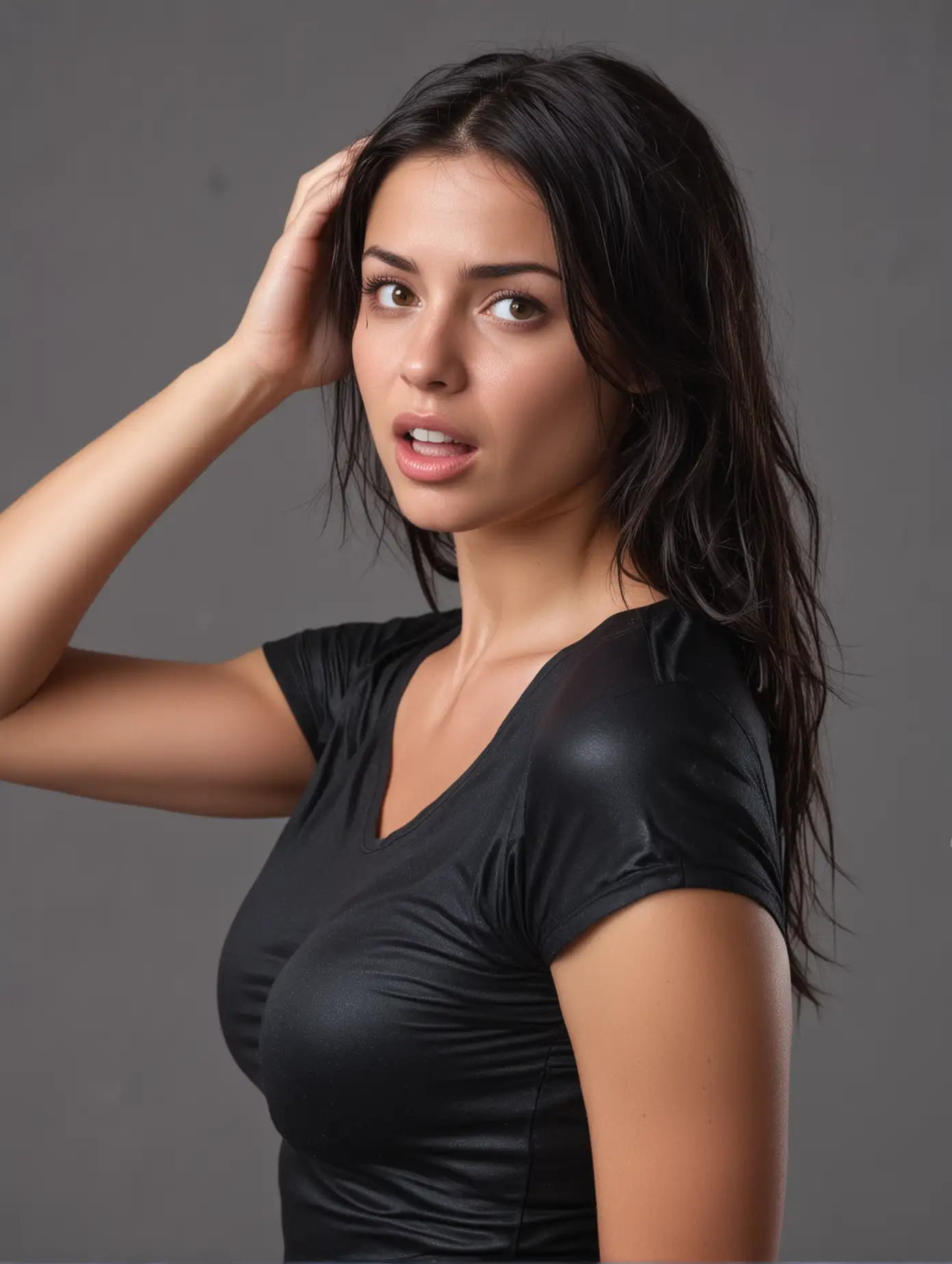 a young, pretty, dark haired, sweating woman in tight outfit tells you a secret, high resolution