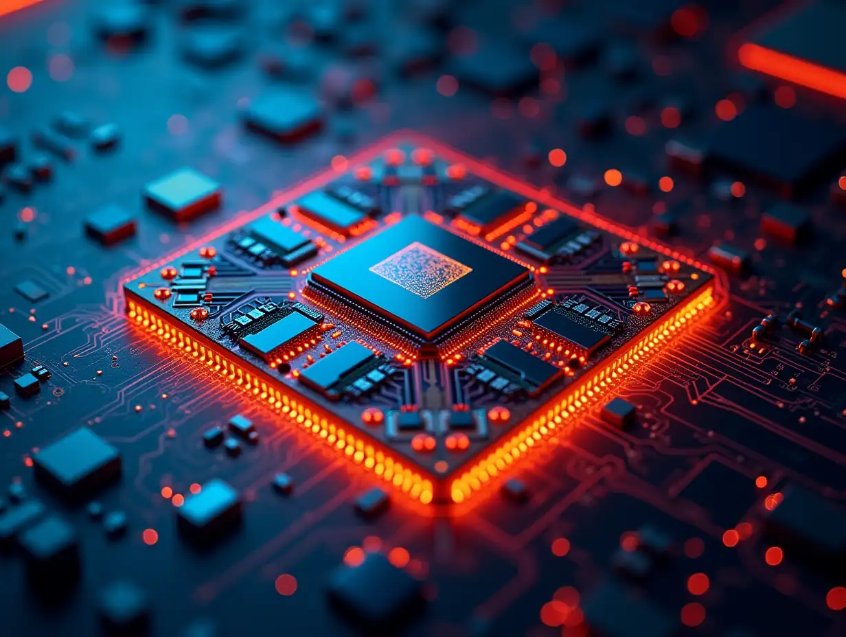 A detailed and high resolution image of a large chip-die in the shape of a potato chip, designed by an experienced chip developer. The chip shows complex circuits, numerous processor cores and various functional areas. The background should be futuristic and technologically appealing with elements such as schematic diagrams and digital data streams. Add bright, glowing colors to emphasize the high technology of the chip.