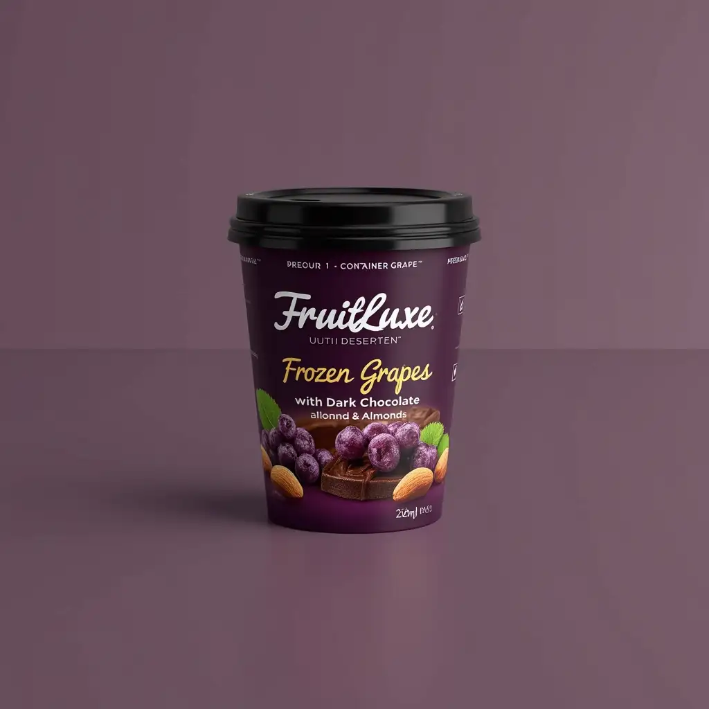 A 200ml fully printed container cup with a cap, designed for a premium frozen dessert product. The brand name 'FruitLuxe' is elegantly displayed on the cup. The product, Frozen Grapes with Dark Chocolate & Almonds, is visually highlighted with a high-quality, attractive graphic design. The cup's design includes a rich, luxurious theme with deep chocolate tones, vibrant purple grapes, and golden almonds, making it look irresistible and high-end. The branding is modern, clean, and professional, ensuring maximum customer appeal. The background is sleek and complements the product's premium feel.