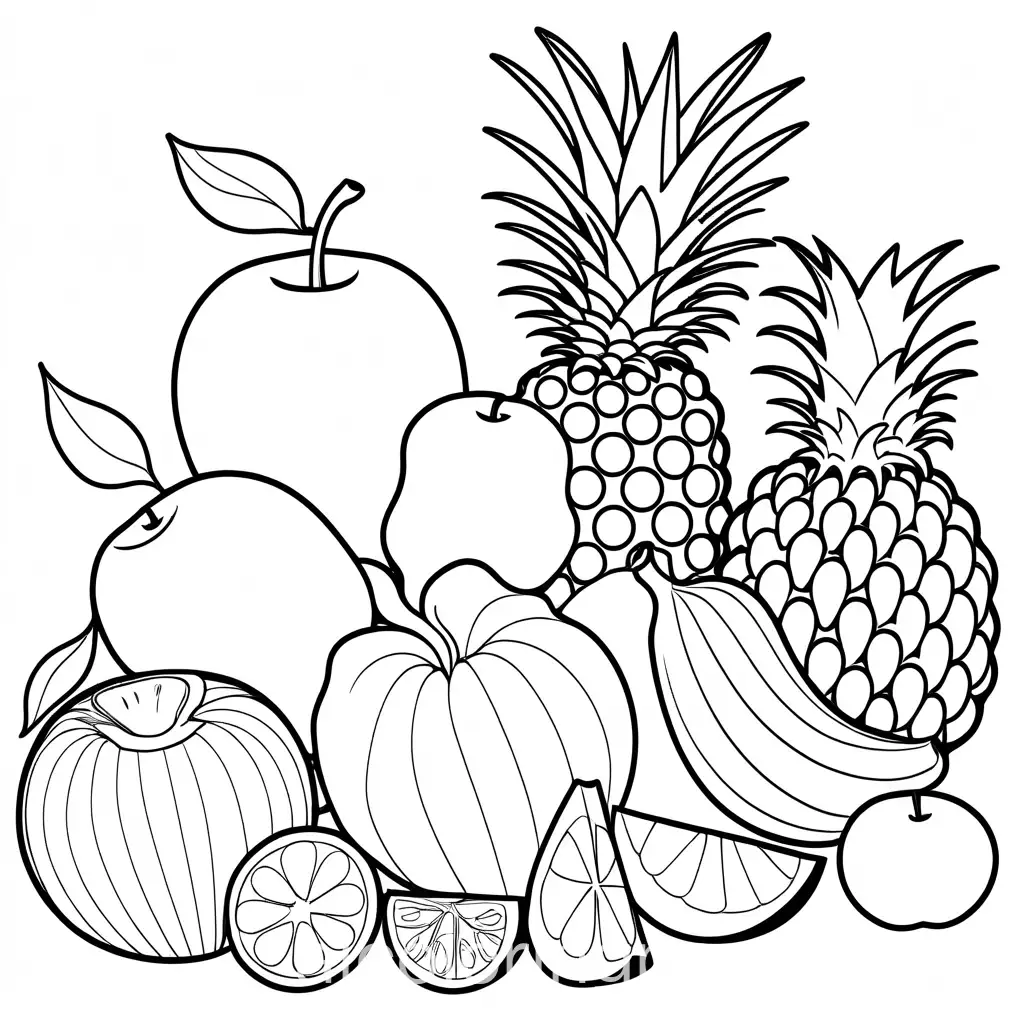 fruit family , Coloring Page, black and white, line art, white background, Simplicity, Ample White Space. The background of the coloring page is plain white to make it easy for young children to color within the lines. The outlines of all the subjects are easy to distinguish, making it simple for kids to color without too much difficulty