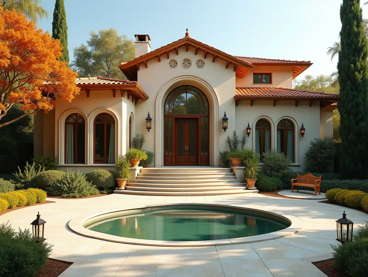 Crooked House, Garden  Planted-Clean, with gilded stucco, large windows with glass closed, curved, smooth window shapes, winding grand entrance stairs made of marble, Complex angular roof with pond, Lanterns, Gold bench, Orange tree 4K resolution colorful superwide-angle shots