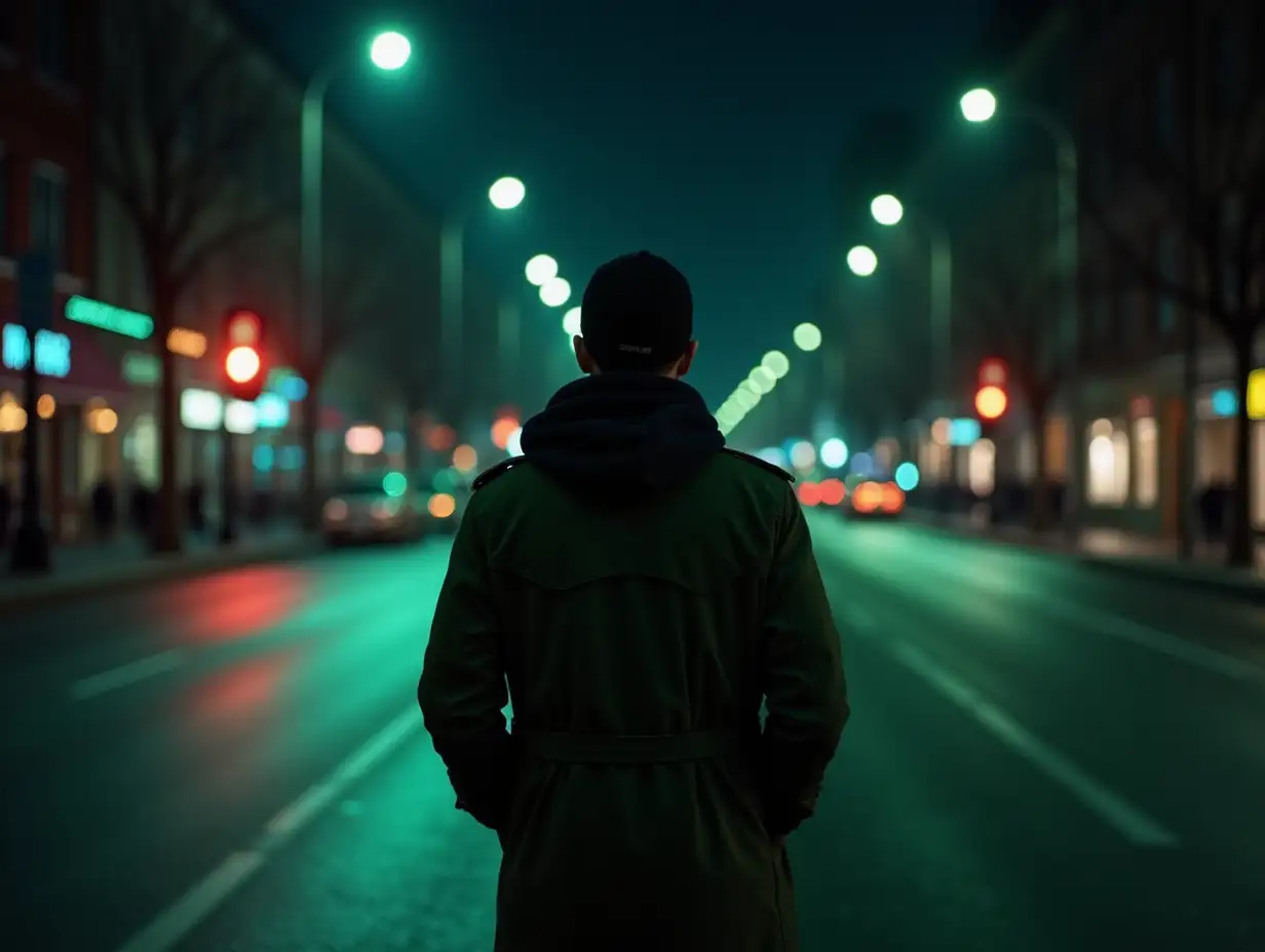 neon green on guy in trench coat and cap far away from behind shot in middle of the road night city life , black hoody far away camera shot, the guy should be standing far away in road