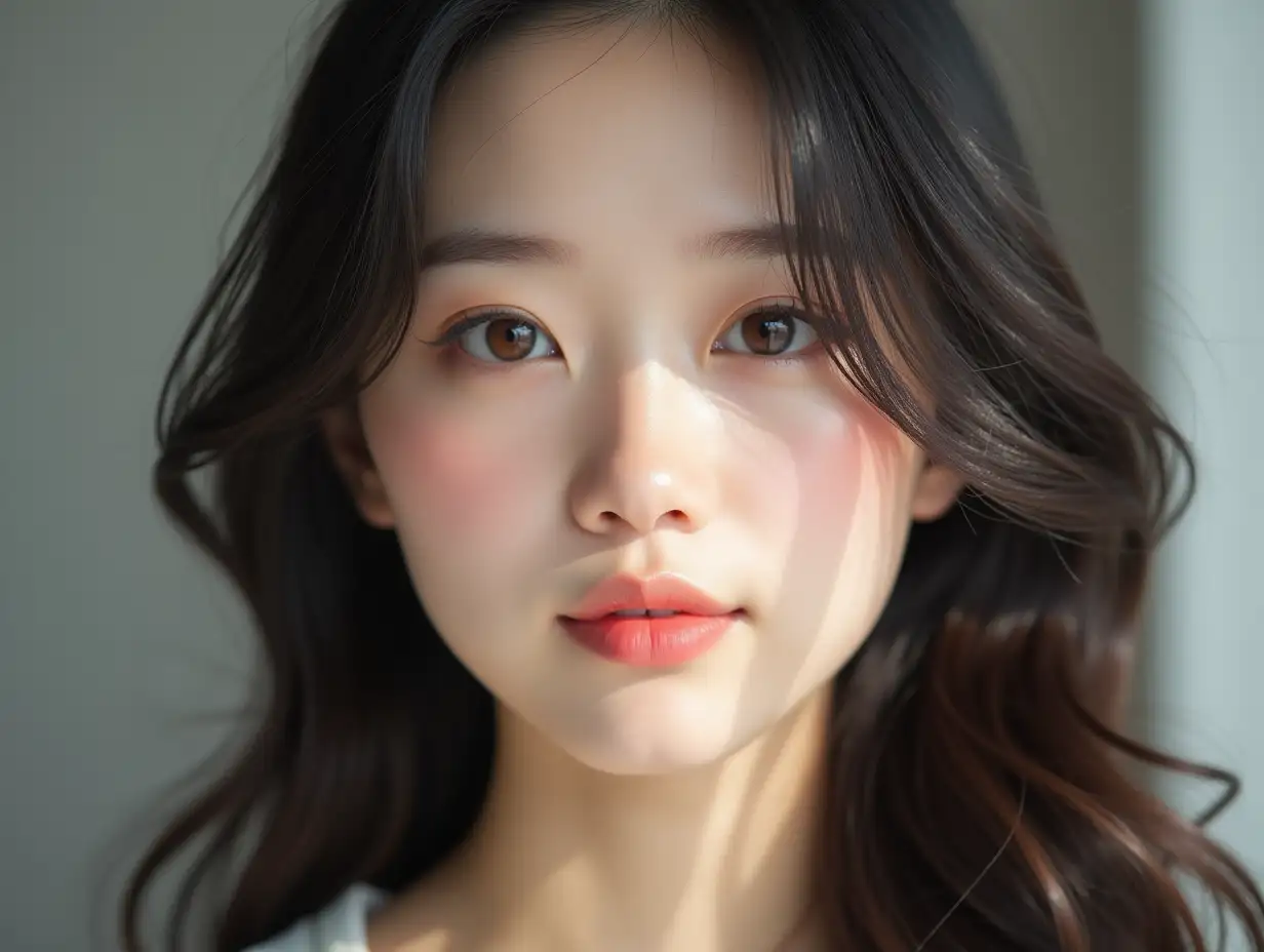 A beautiful young Korean woman, 24 years old, captured in a close-up portrait with soft natural light. She has delicate, feminine features: almond-shaped, slightly rounded light brown eyes with a gentle sparkle, framed by naturally long lashes. Her gaze is soft, innocent yet subtly alluring. She has a small, delicate beauty mark just beneath her left eye. Her lips are full, pouty, with a natural soft pink tint, slightly parted in a relaxed, inviting expression. Her nose is small and smooth with a subtle lift at the tip. She has high cheekbones with a gentle natural blush and a softly rounded jawline that enhances her youthfulness. Her skin is flawless and radiant, light ivory tone with a dewy glass skin glow. Her long, silky black hair with subtle brown balayage softly frames her face in loose natural waves, parted slightly off-center. She wears minimal natural makeup—glossy lips, soft eyeliner, subtle blush. Background is neutral soft gray or cream