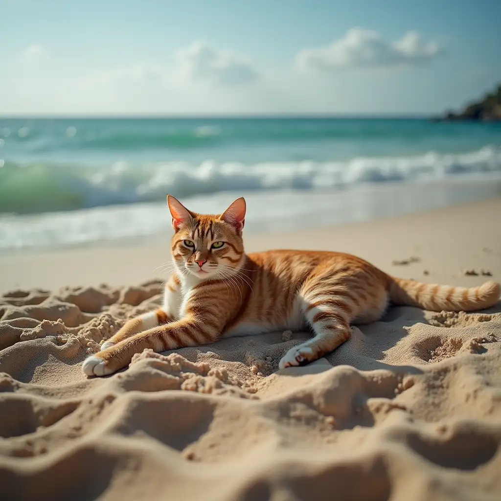 cat sunbathing on the beach