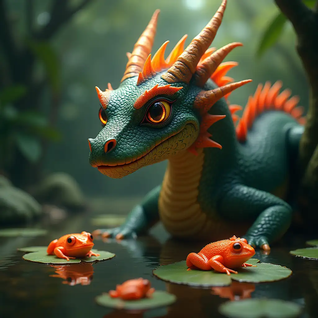 Ultra-detailed hyperrealistic digital portrait A dragon named pu, who is very beautiful and comes from fire, and the area around him is a jungle with glowing frogs on a lily pad in a pond