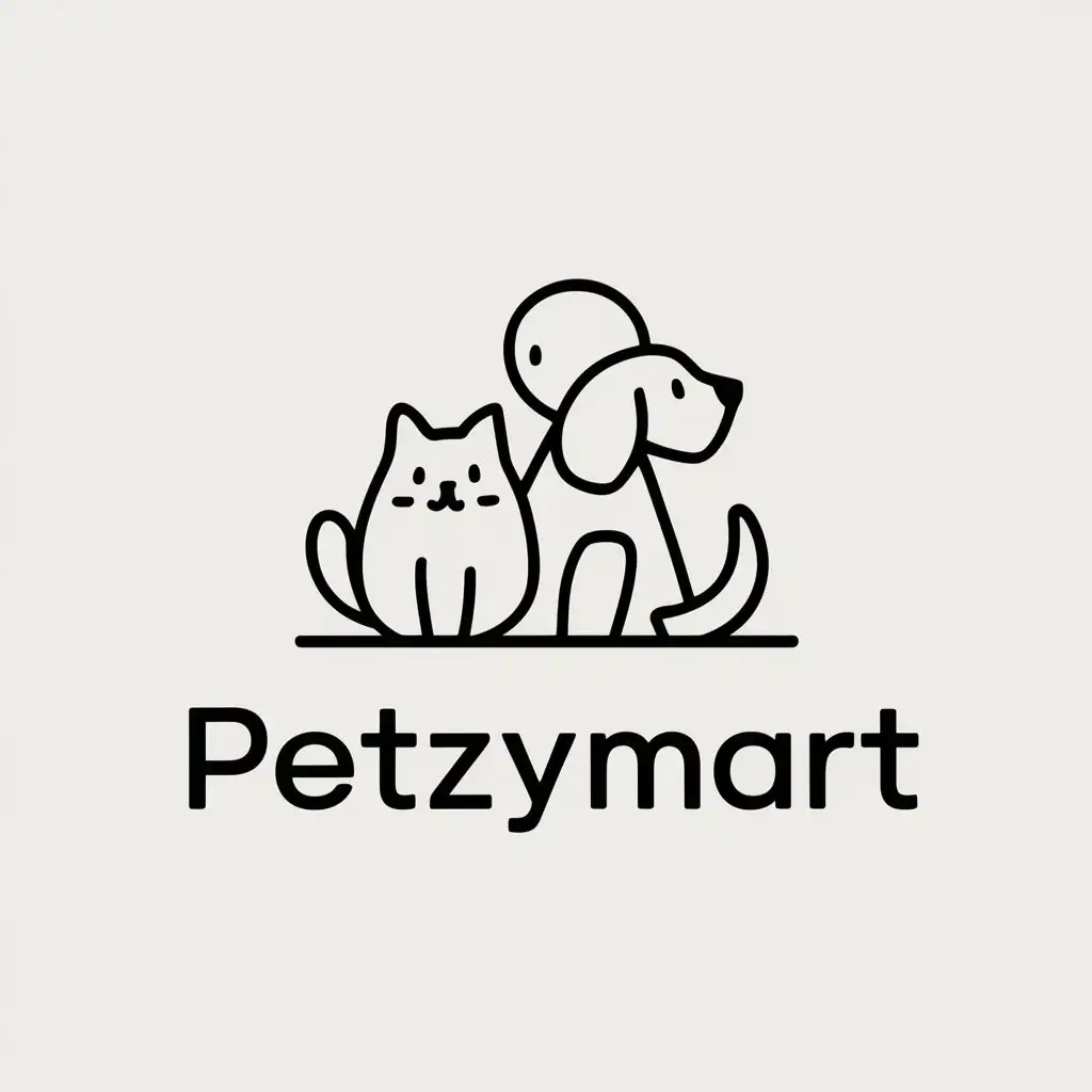 LOGO-Design-For-PetzyMart-Cute-Cat-and-Dog-with-Human-in-Black-and-White