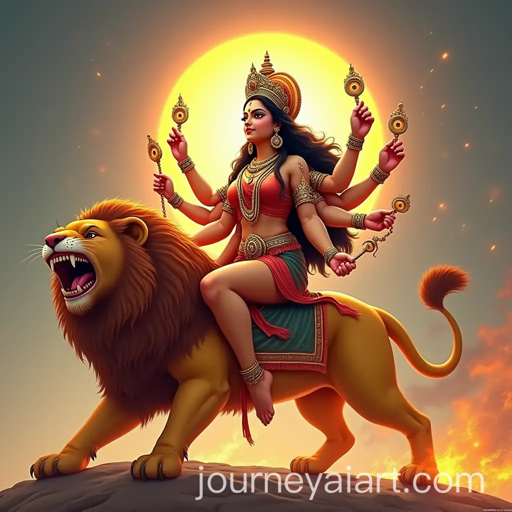 Divine-Goddess-Durga-Seated-on-Roaring-Lion-with-Eight-Arms