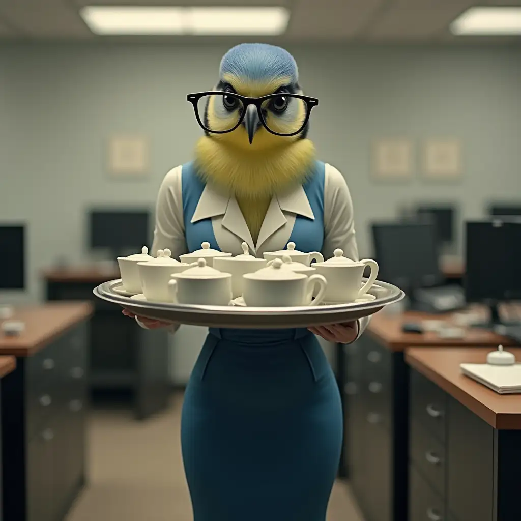 A hyper-realistic photograph of a blue tit bird (sikorka) anthropomorphized to resemble a woman, dressed in a professional secretary outfit, including a pencil skirt, a blouse, and glasses. The sikorka has a humanoid posture, holding a tray filled with a large number of tea cups, carefully balancing them. The office environment in the background is detailed, featuring desks, computers, filing cabinets, and soft lighting that enhances the realistic and humorous scene. The sikorka has subtle bird-like features blended seamlessly with human characteristics, creating a lifelike and whimsical depiction.