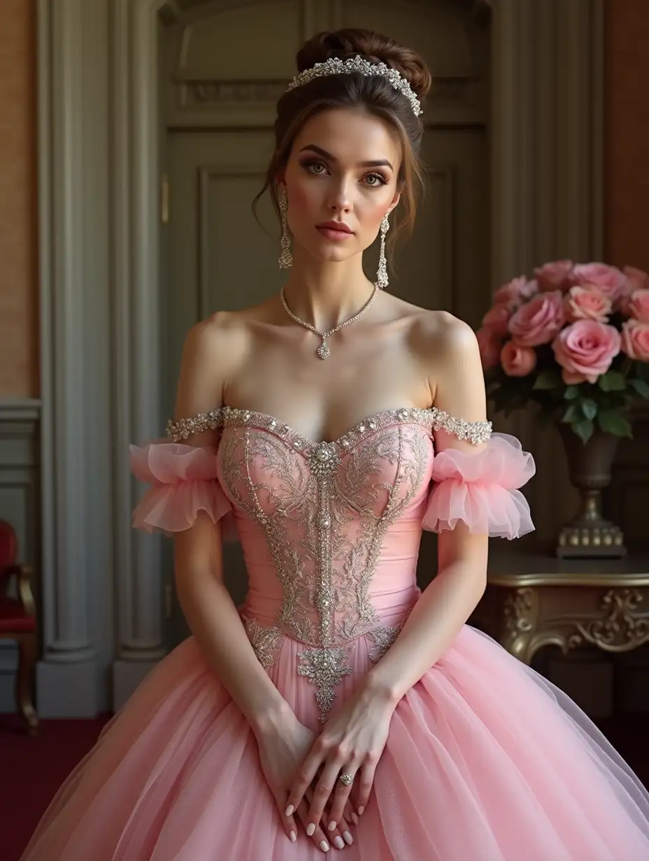 Elegant-Aristocratic-Woman-in-Pink-Dress-with-Silver-Elements-in-FlowerFilled-Hall