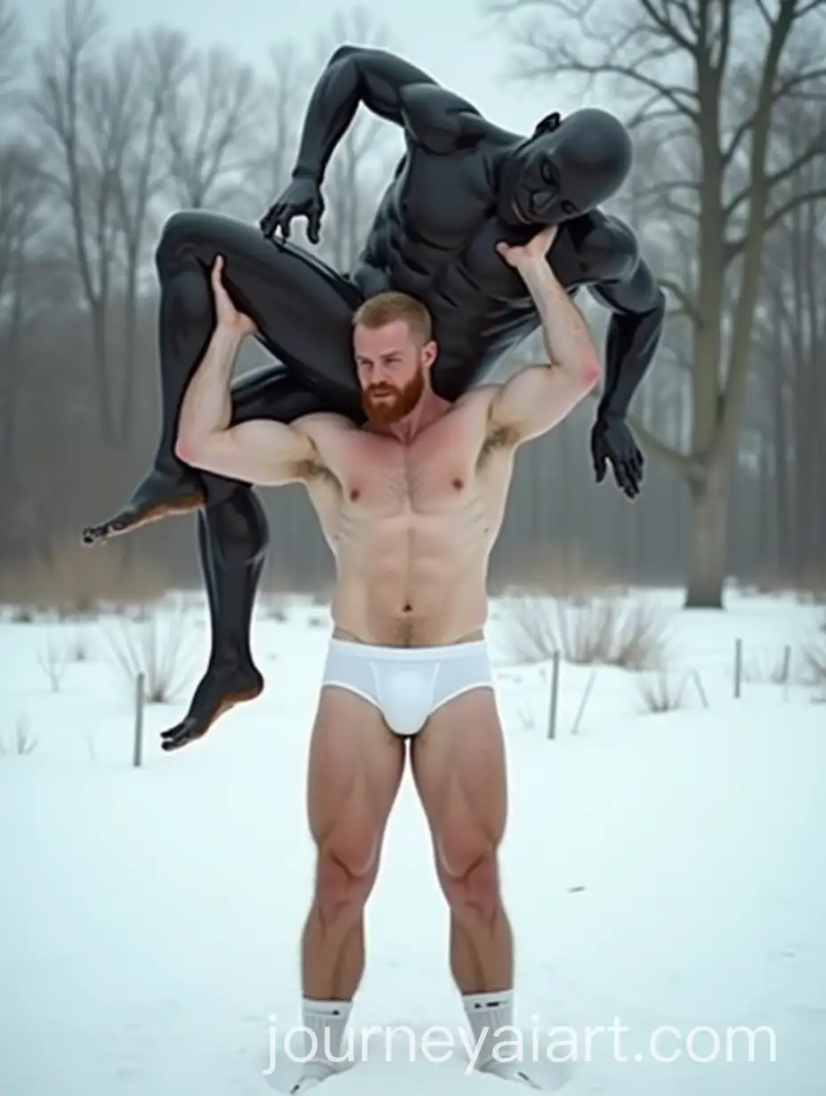 Strong-Man-Lifting-African-Statue-in-Snow-with-White-Briefs-and-Tattoos