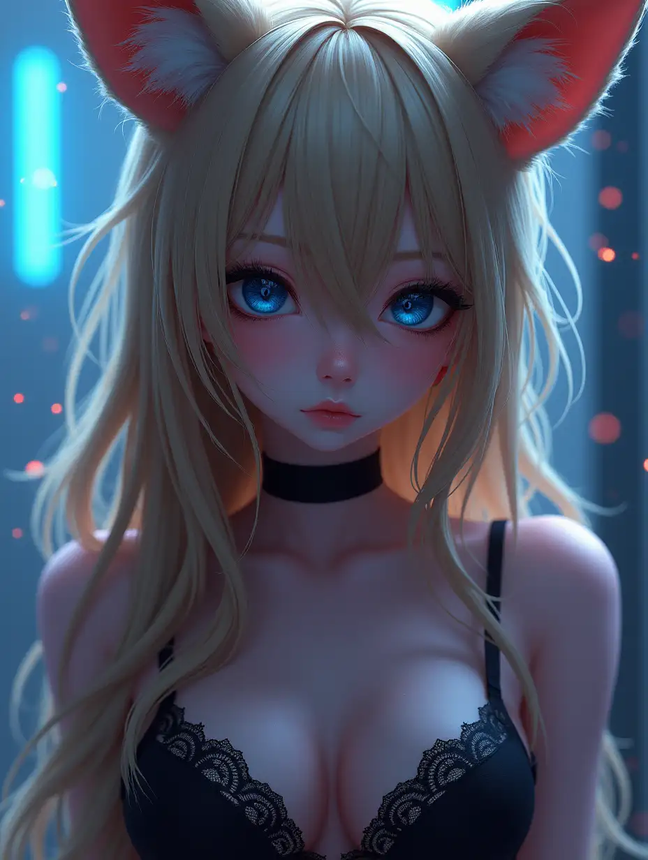 Highly detailed textures, digital art, 1girl, perfect blue eyes, perfect face, fox ears, makeup, eyelashes, blonde long hair, sexy black lace bra, sexy body, white background, chromatic aberration, the left eye is covered by locks of hair, half of the body,  dark atmosphere, gloomy atmosphere, lots of neon little particles in the background, realistic