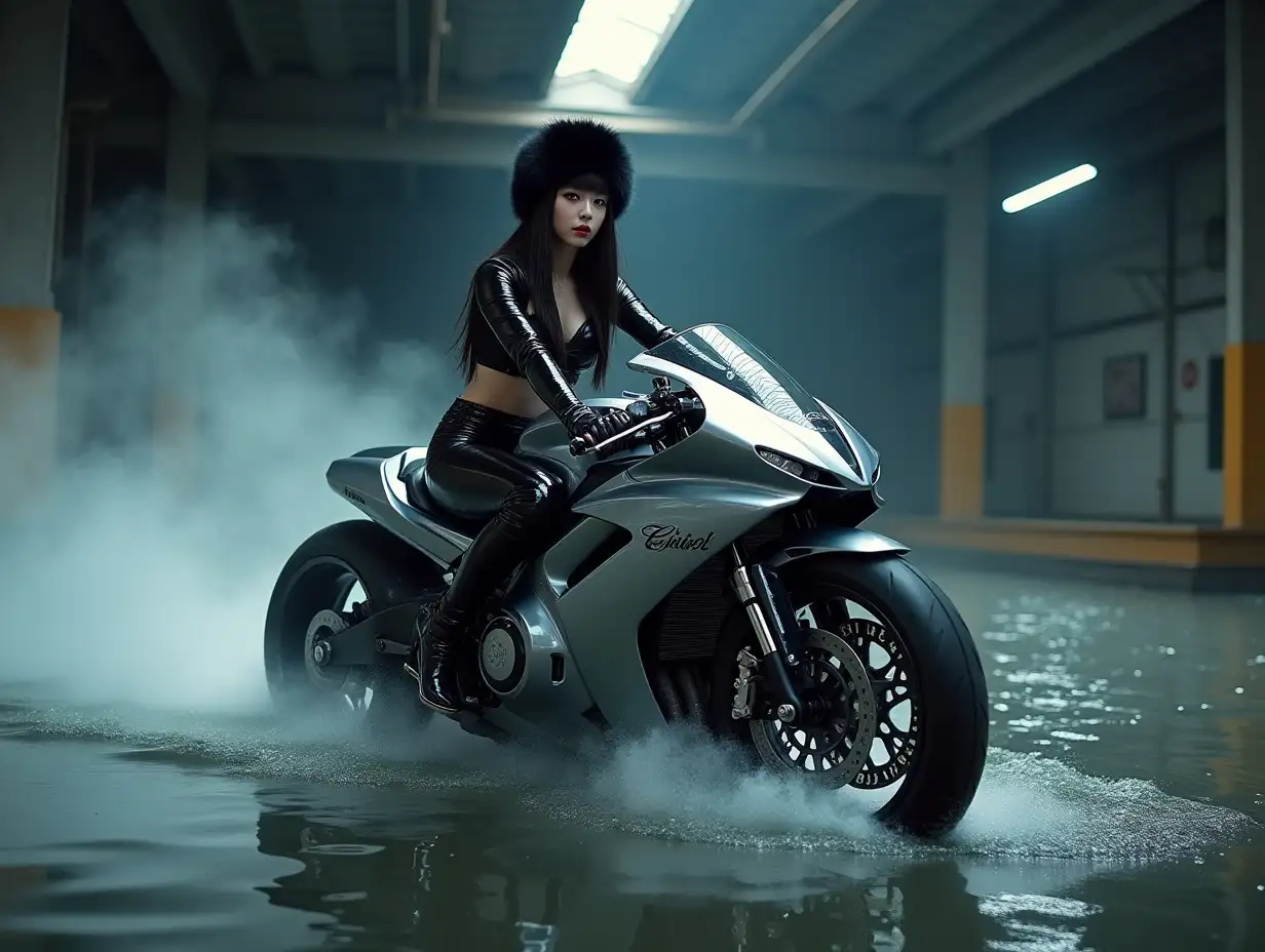 Young beautiful Korean Kpop idol girl, with long black hair with a bang, pale skin, dark makeup with Smokey eyes and lipstick, black fur hat, wearing a black chrome plastic crop top and black plastic pants with black high heels, driving a silver chrome futuristic motorcycle on water in dark warehouse, mist, full body, wide angle