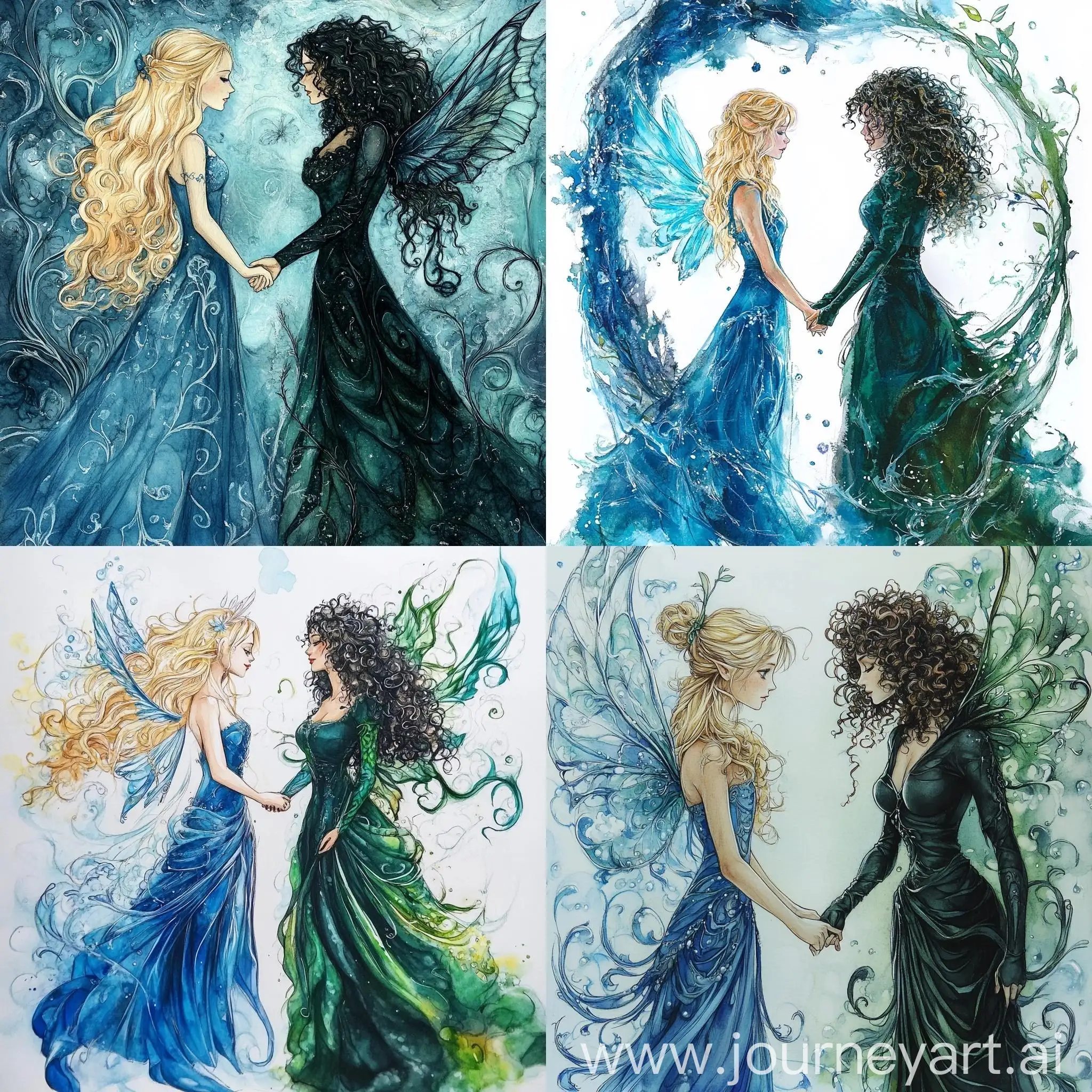 Blonde-Fairy-and-Curly-Sorceress-Holding-Hands-in-Dreamy-Forest-Scene