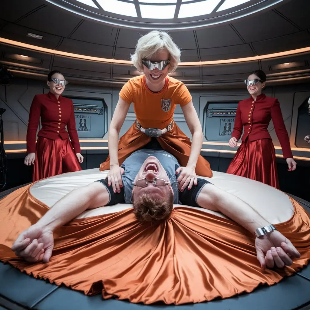 Luxury-Spaceship-Lounge-with-Hysterical-Man-and-Smiling-Women-in-Futuristic-Fashion