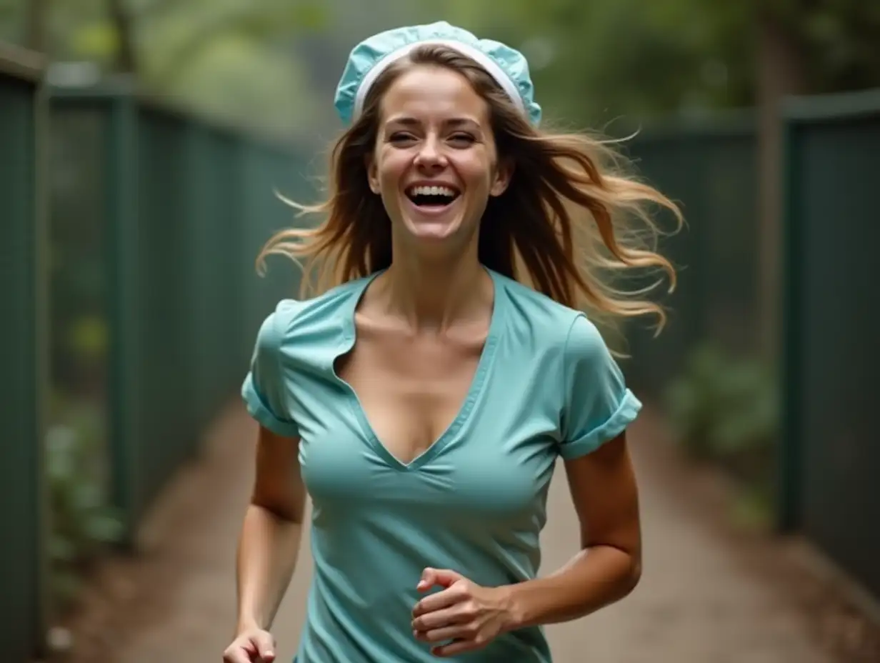 Pretty sweating nurse running in a zoo. Low cut open t-shirt