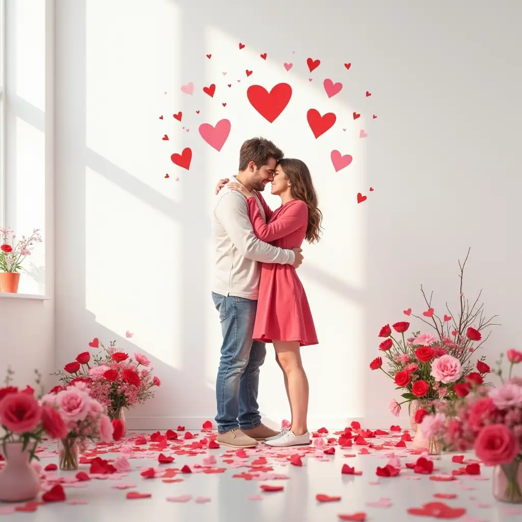 On the white wall of a room, there is an illustration of a man and a woman embracing each other. On Valentine's Day, the ground is filled with bouquets, hearts, and other Valentine's Day elements. The Valentine's Day atmosphere is captured in real photos and delicate