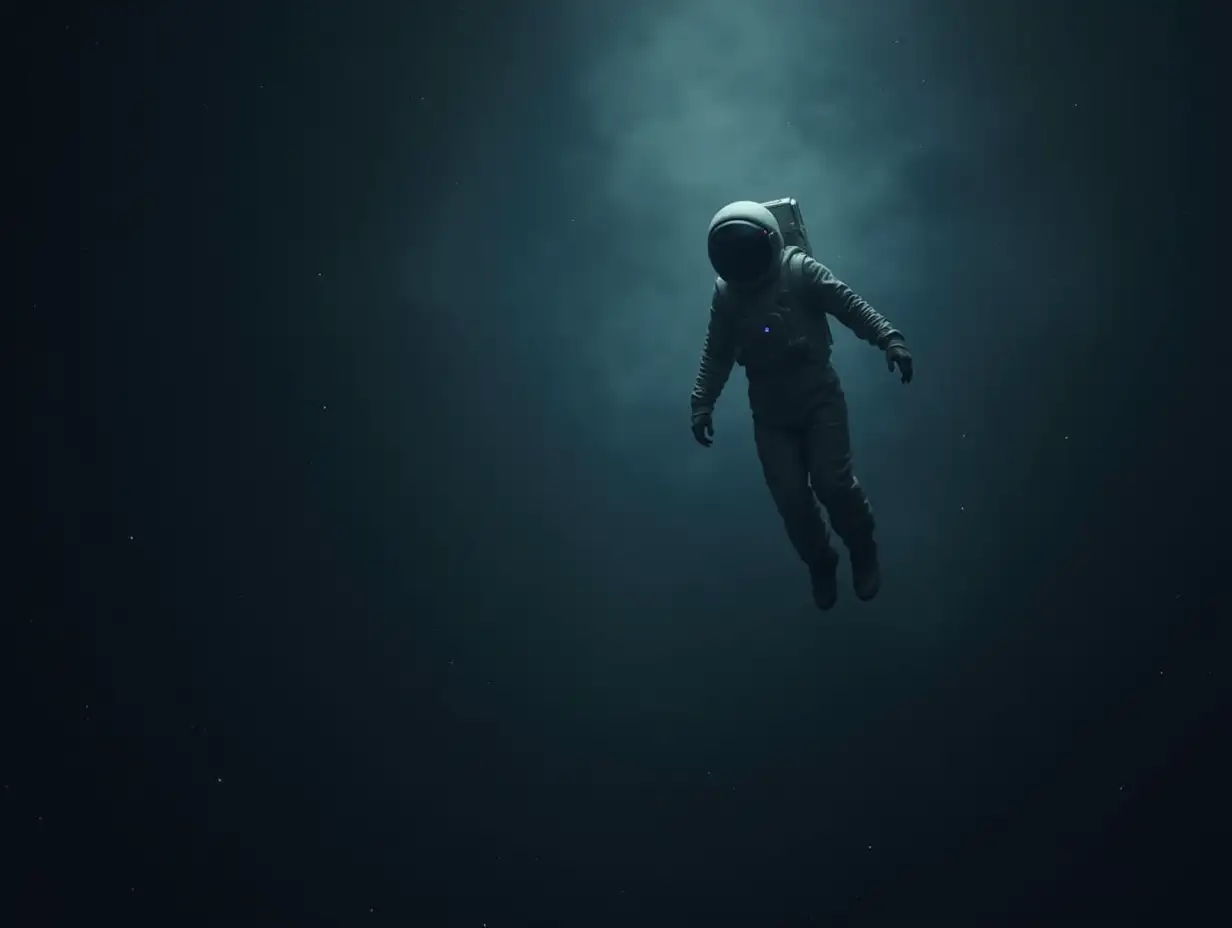 a spaceman floating in the empty and dark space, surrounded by emptiness, loneliness 