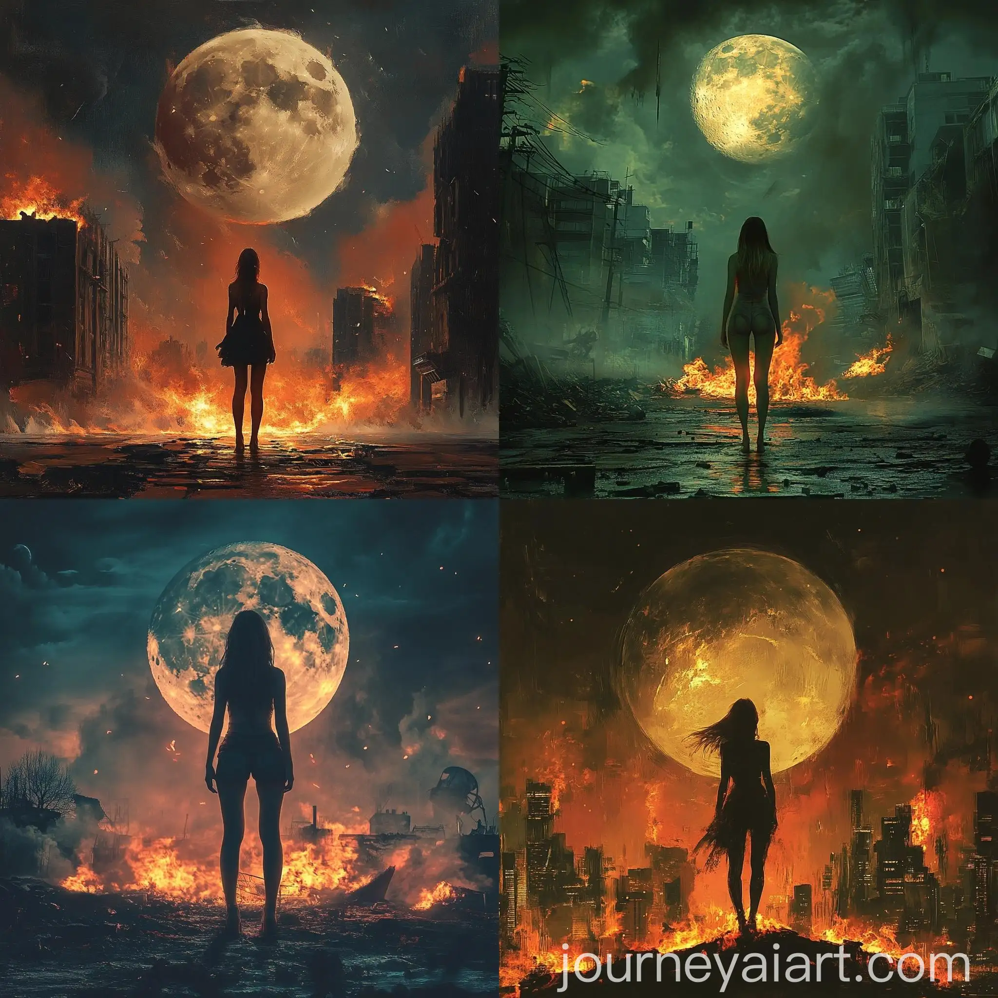 Woman-Contemplating-Burning-Moon-in-Dystopian-Landscape