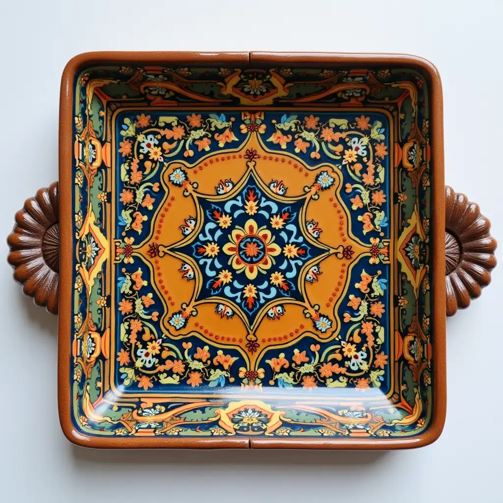 Square with rounded corners ceramic serving dish with embossed beautiful handle, antique and old, Qajar art, Iranian Tabriz carpet design