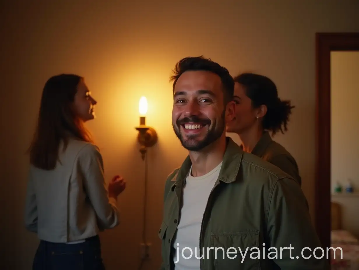 Man-Showing-Friends-His-Room-with-Golden-Ambient-Sconce-on-Wall