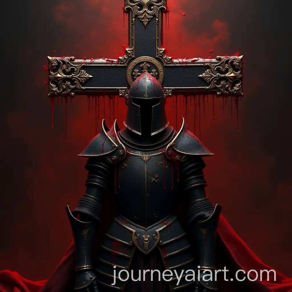 Knight-Standing-Before-Bloodied-Black-Cross-with-Gold-Details