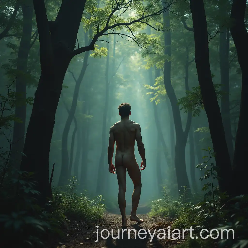 Man-Standing-Naked-Alone-in-Enchanted-Forest-Surrounded-by-Mystical-Elements