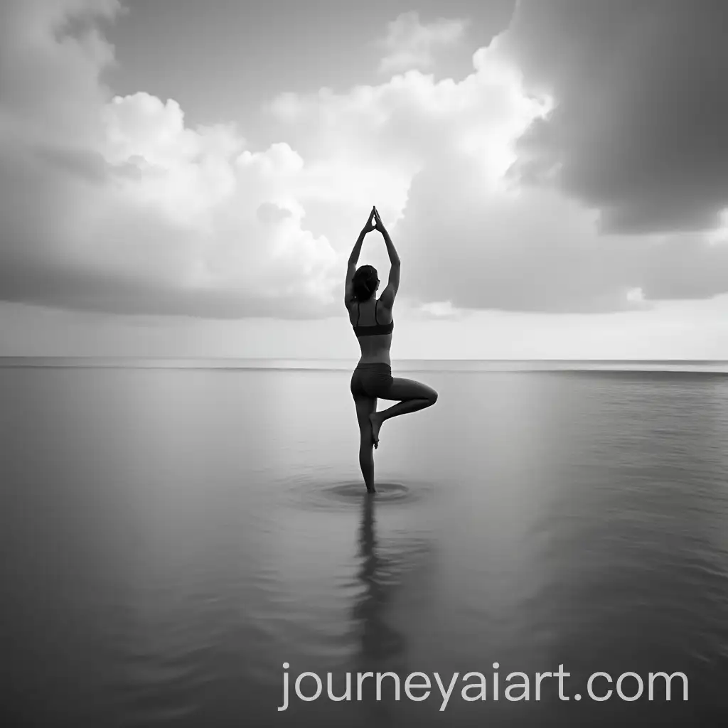 Black-and-White-Long-Exposure-of-Woman-Doing-Yoga-on-One-Foot-in-the-Sea