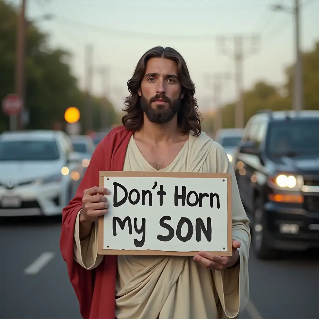 Lord jesus holding a sign board with 'Unnecessary don't horn my son it irritates me' in city with traffic,4k