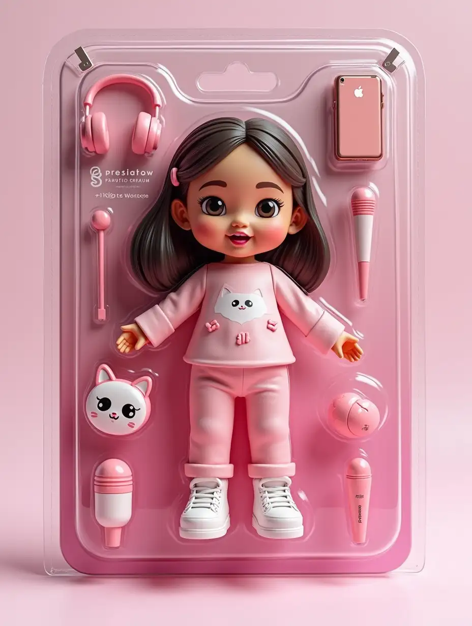 Use this photo of me to create your own action figure in a blister pack, in the style of a premium collectible toy. The figure should stand and smile in a relaxed, friendly manner. The blister pack should have a heading with the text '[Mia]' written in large letters and the subtitle '[baby superstar]' underneath. Place the accessories in the compartments to the side of the picture: [headphones, Paws,iPhone, blush,rollers,microphone, Kitty mask ].
