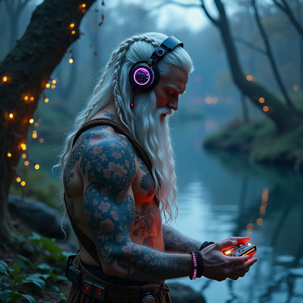 user_prompt: Hyperrealistic depiction of a beautiful white Viking man with tattoo, futuristic headphones, long hair in braids, holding a walkman in his hand by a river, trees that have intricately detailed, colorful and futuristic jewelry. Night lit background Full body