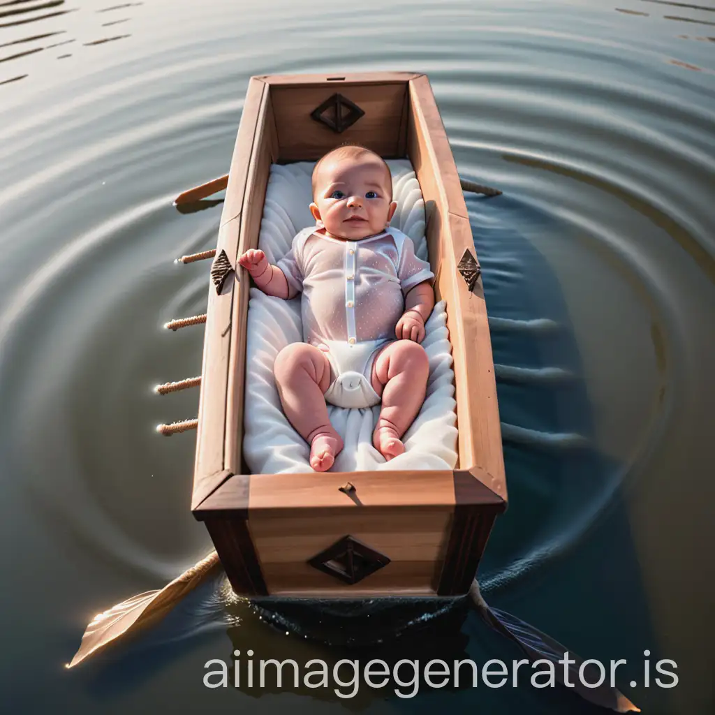 transparent image of a baby in a wooden coffin on the Nile River.