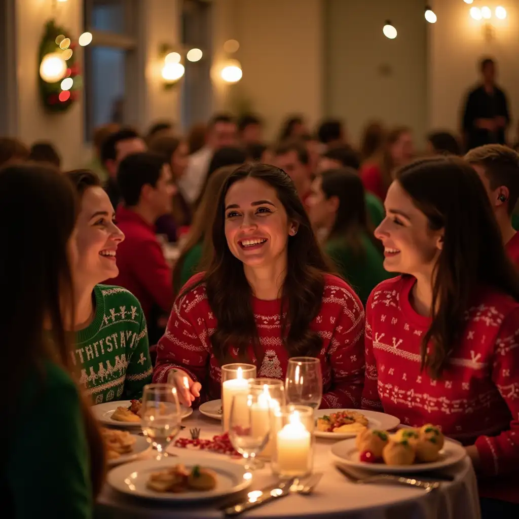 generate an image of real, young ladies at a church party celebrating ugly Christmas sweater party. Make them white with dark hair. Make it ladies only. Show about 15-20 of them, sitting around multiple round tables, laughing and enjoying food.