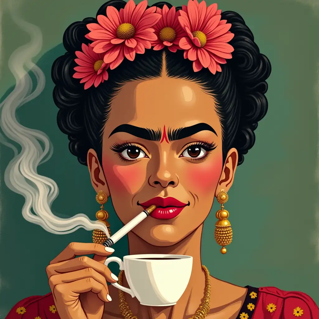 I want an image of Frida Kahlo with flowers in her hair, a cigarette, drinking coffee, who is of African race and is smiling.