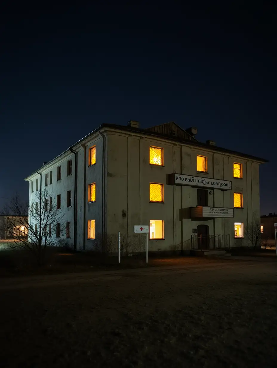 A photo of a night hospital in the Russian city of Saransk. The building is old, with a deteriorating exterior and fading paint. The windows are broken and covered with boards. The hospital is surrounded by a barren landscape with a few trees and a fence. There is a sign with the text 'SARANSK' near the entrance. The hospital is illuminated by bright yellow lights.