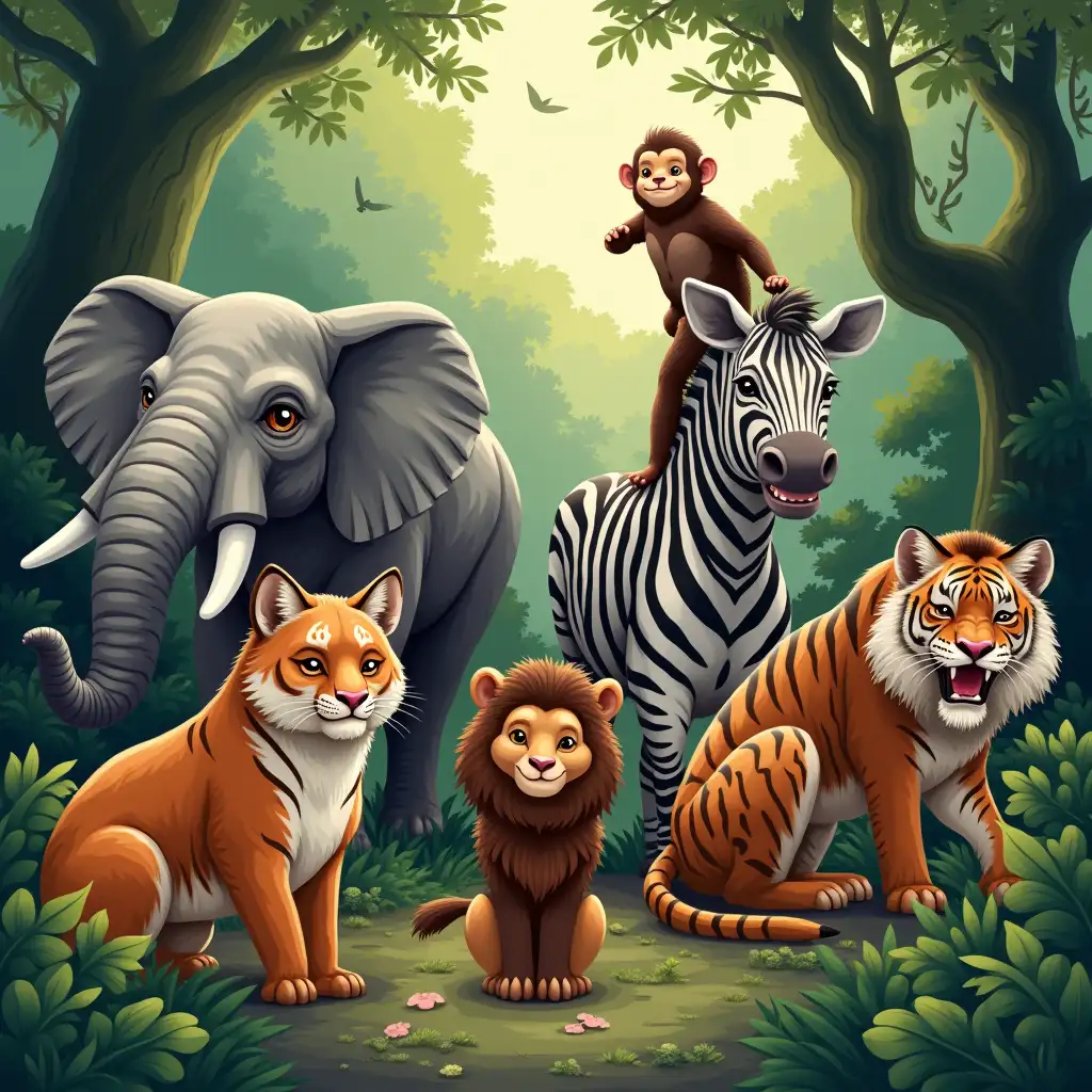 Jungle-Safari-with-Elephant-Zebra-Lion-Fox-Monkey-and-Tiger