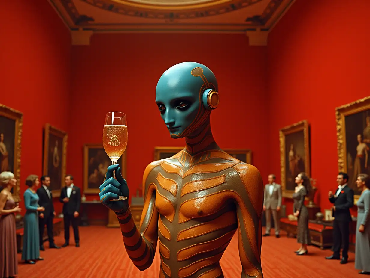 Strange-OrangeStriped-Blue-Humanoid-in-a-Retro-70s-Living-Room-with-Champagne