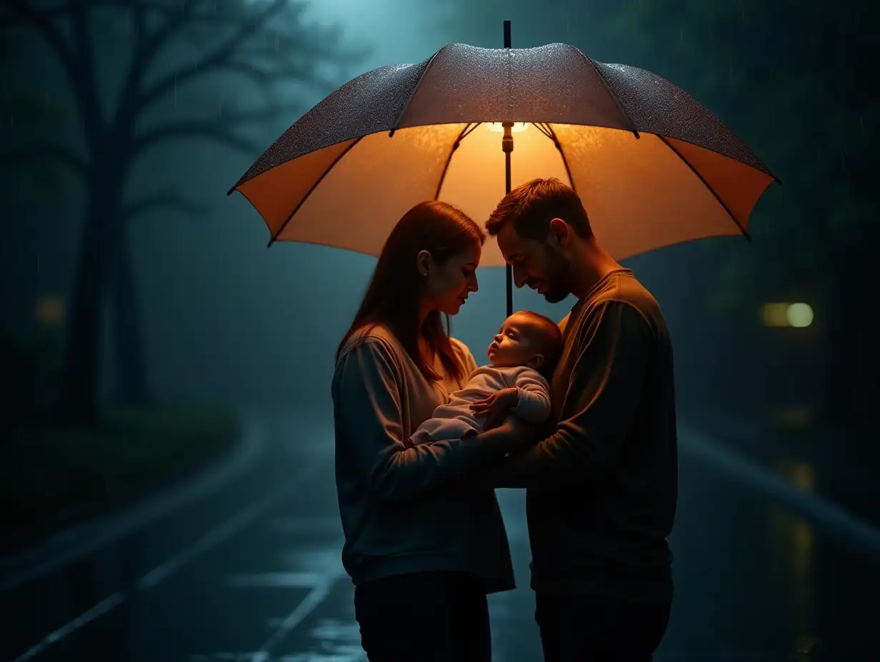 Wide-angle shot of a serene yet emotional scene: two parents standing in the midst of an intense rainstorm, holding a small child in their arms. The parents share a large umbrella that glows softly from within, casting a warm, protective light over them and the child. The glow creates a stark contrast with the dark, rainy surroundings, symbolizing a sanctuary of safety amidst chaos. The parents look down at the child with calm, protective expressions, their posture firm yet tender. The child rests peacefully, secure under the umbrella, conveying a deep sense of comfort and protection from external hardships. The rain is heavy, with dramatic reflections and contrasts, but the focus remains on the emotional bond between the parents and child under the glowing umbrella, symbolizing shielding the child from life's traumas.