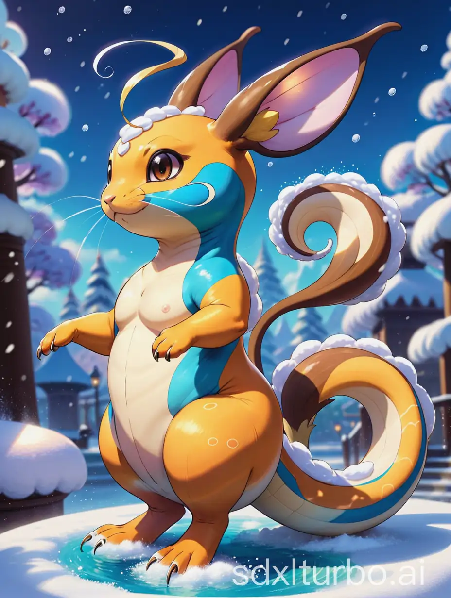 Hybrid-Dratini-and-Raichu-Creature-with-Multicolored-Fur-and-Surreal-Snowy-Background