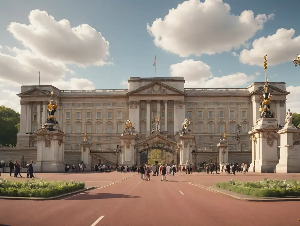 A wide-angle, distant image of the front of Buckingham Palace in England., 3d disney inspire