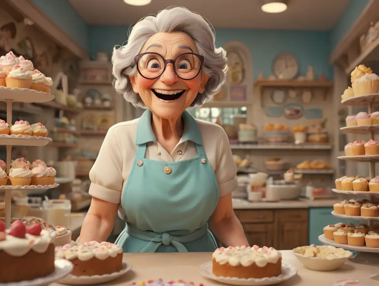 Wide shot of an elderly woman wearing glasses and a baking outfit, smiling broadly in a cake shop., 3d disney inspire