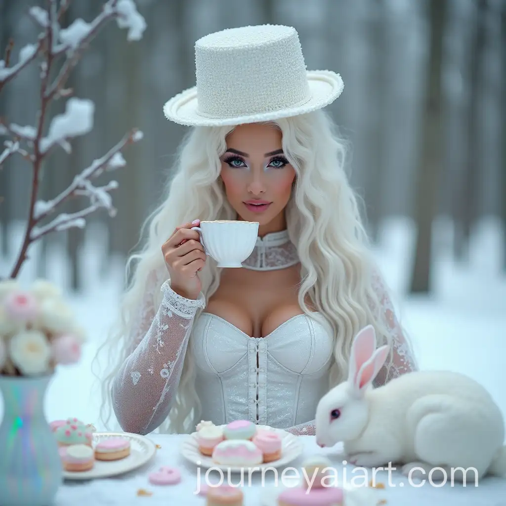 Enchanting-Woman-in-Iridescent-Dress-at-Snowy-Forest-Tea-Party