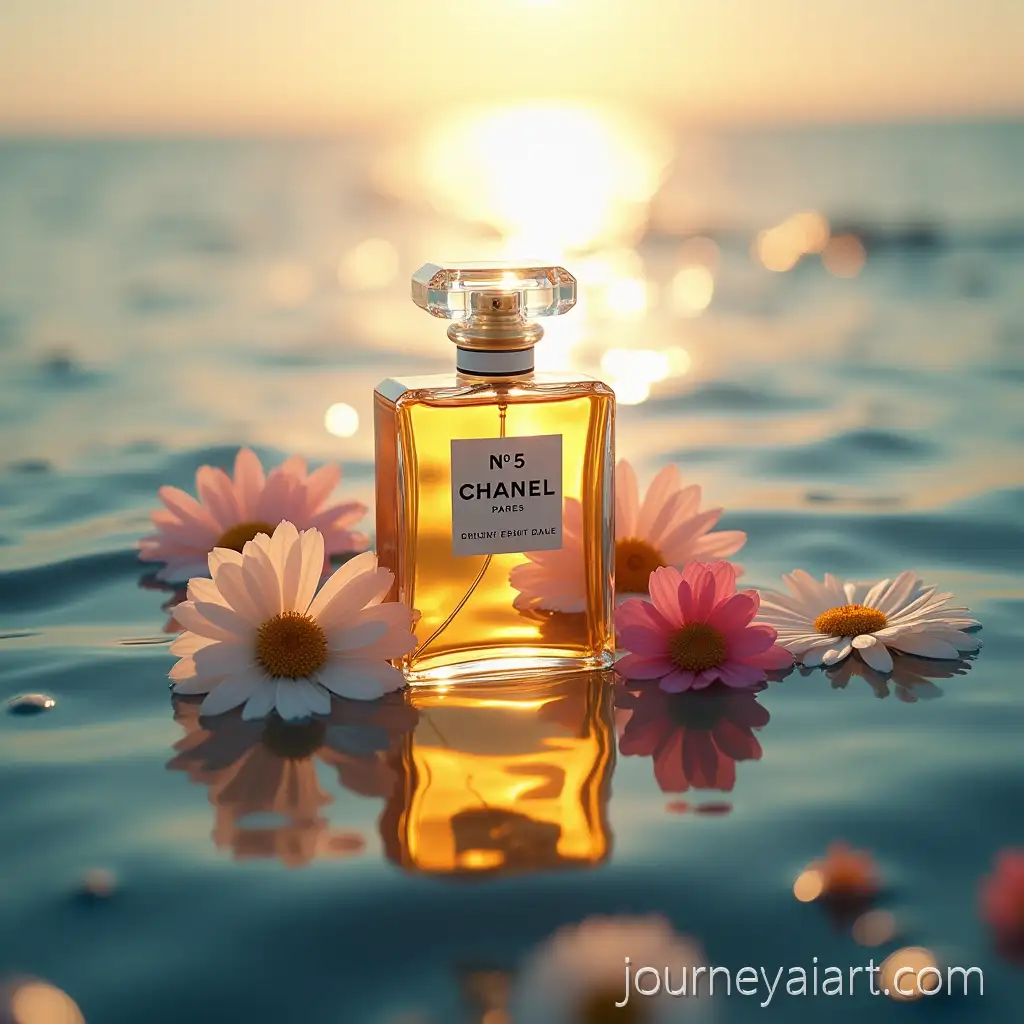 ChanelAI-Art-Prompt-Expansion-No-5-Perfume-Bottle-Surrounded-by-Floating-Flowers-in-Golden-Sunset