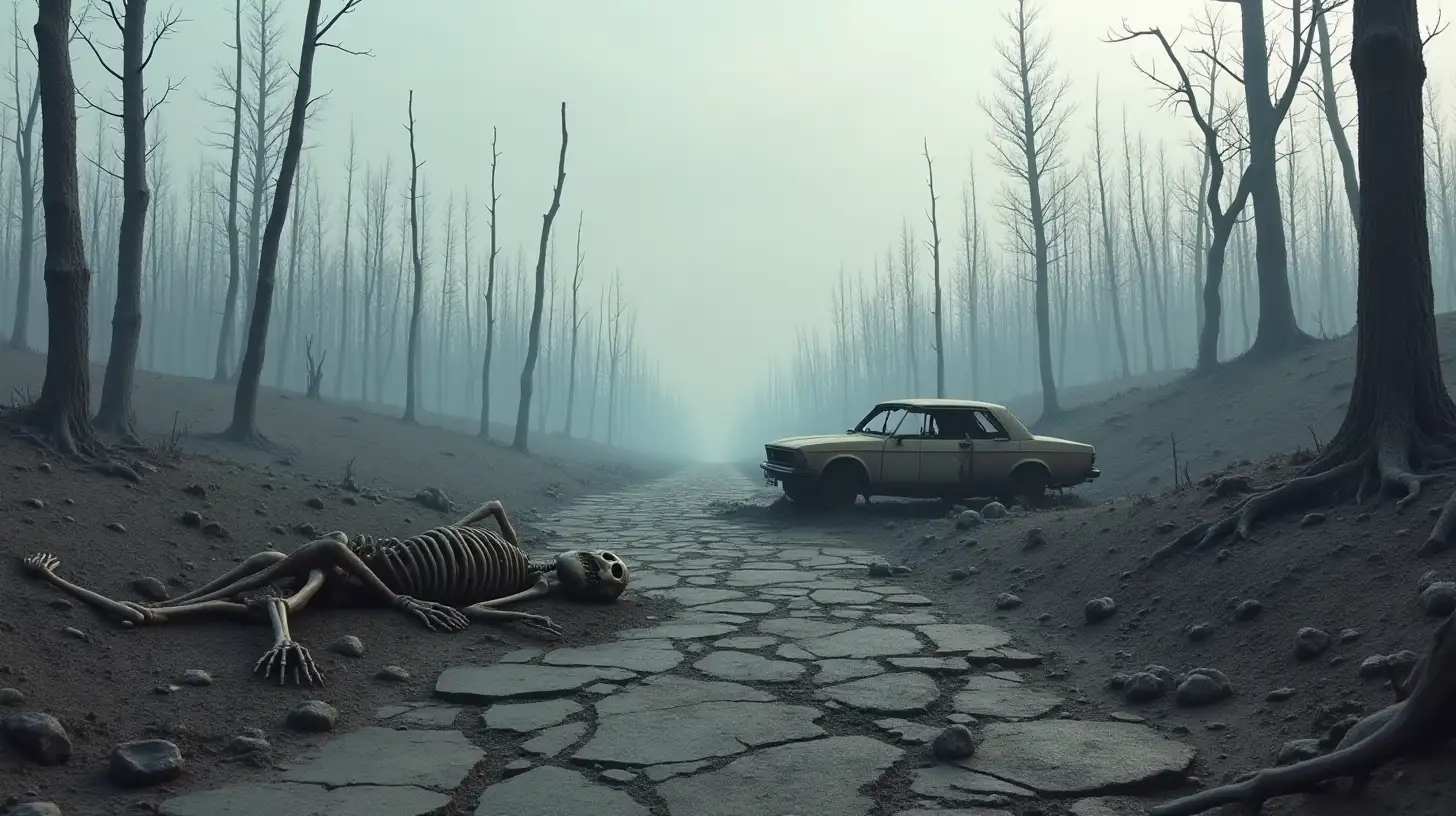 Desolate PostApocalyptic Landscape with Burnt Trees and Abandoned Cars