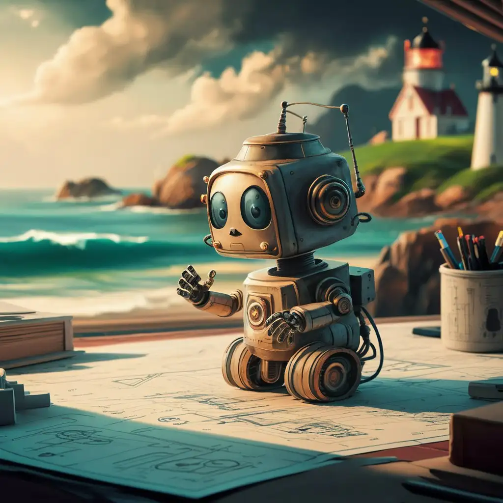 A small cute robot in the ocean office, in Ghibli Miyazaki style,